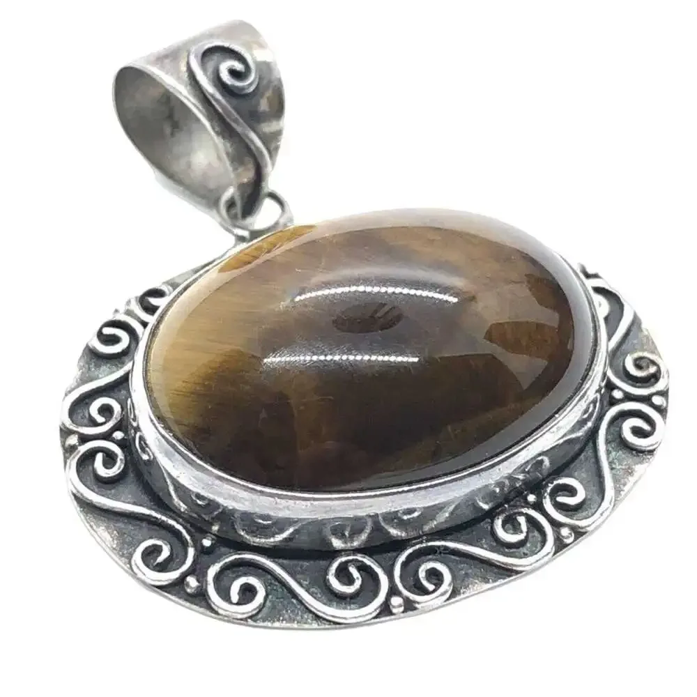 Vintage Sterling Silver Necklace 925 Pendant Tigers Eye Brown Stone